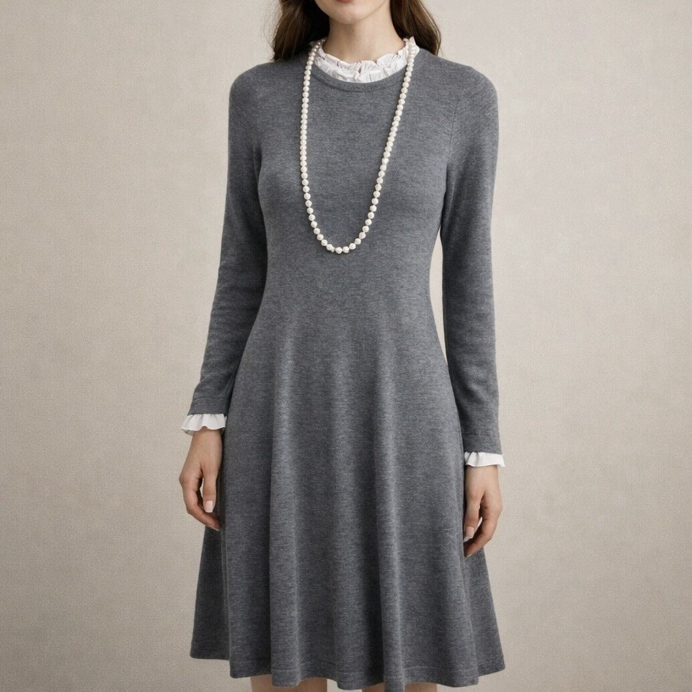 Tahari‎ Gray Merino Wool Blend Ruffle Trim Knit Dress S Academia Minimalist